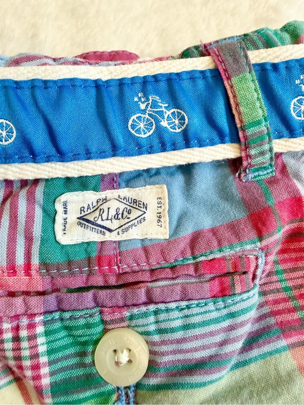 Ralph Lauren Plaid Girls Bermuda Shorts with Blue Bicycle Belt